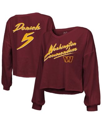 Majestic - Women's   Jayden Daniels Burgundy Washington Commanders Off-Shoulder Script Player Name Number Cropped Long Sleeve V-Neck T-Shirt