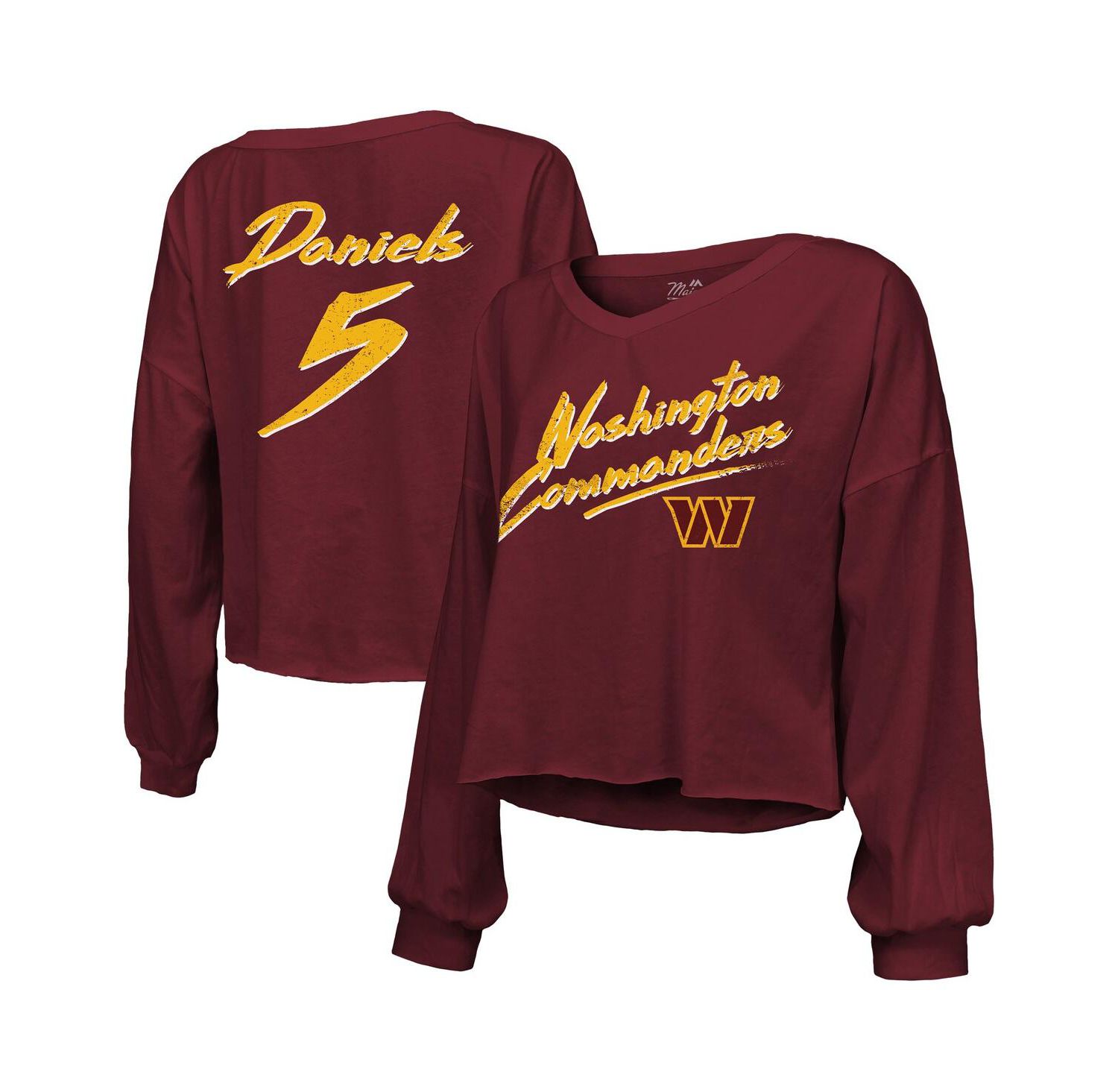 Women's Jayden Daniels Burgundy Washington Commanders Off-Shoulder Script Player Name & Number Cropped Long Sleeve V-Neck T-Shirt