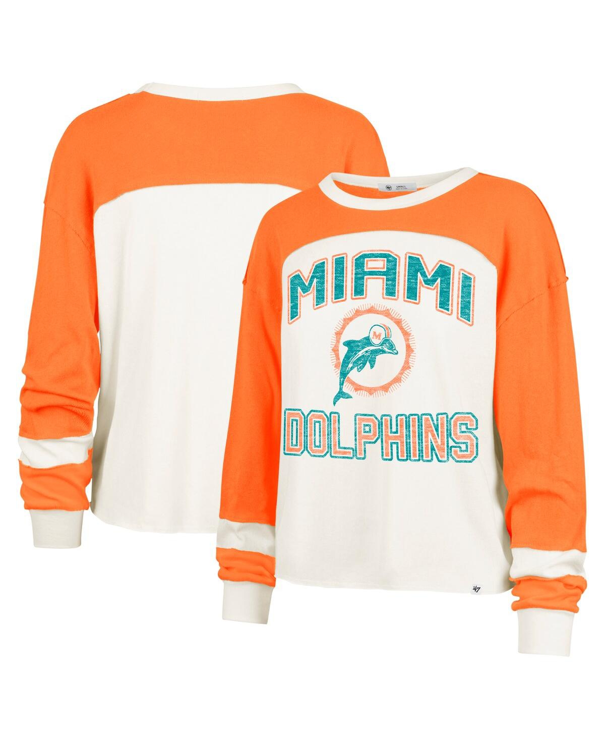 47 BRAND WOMEN'S CREAM MIAMI DOLPHINS DOUBLE HEADER CURVE RAGLAN LONG SLEEVE CROP TOP 