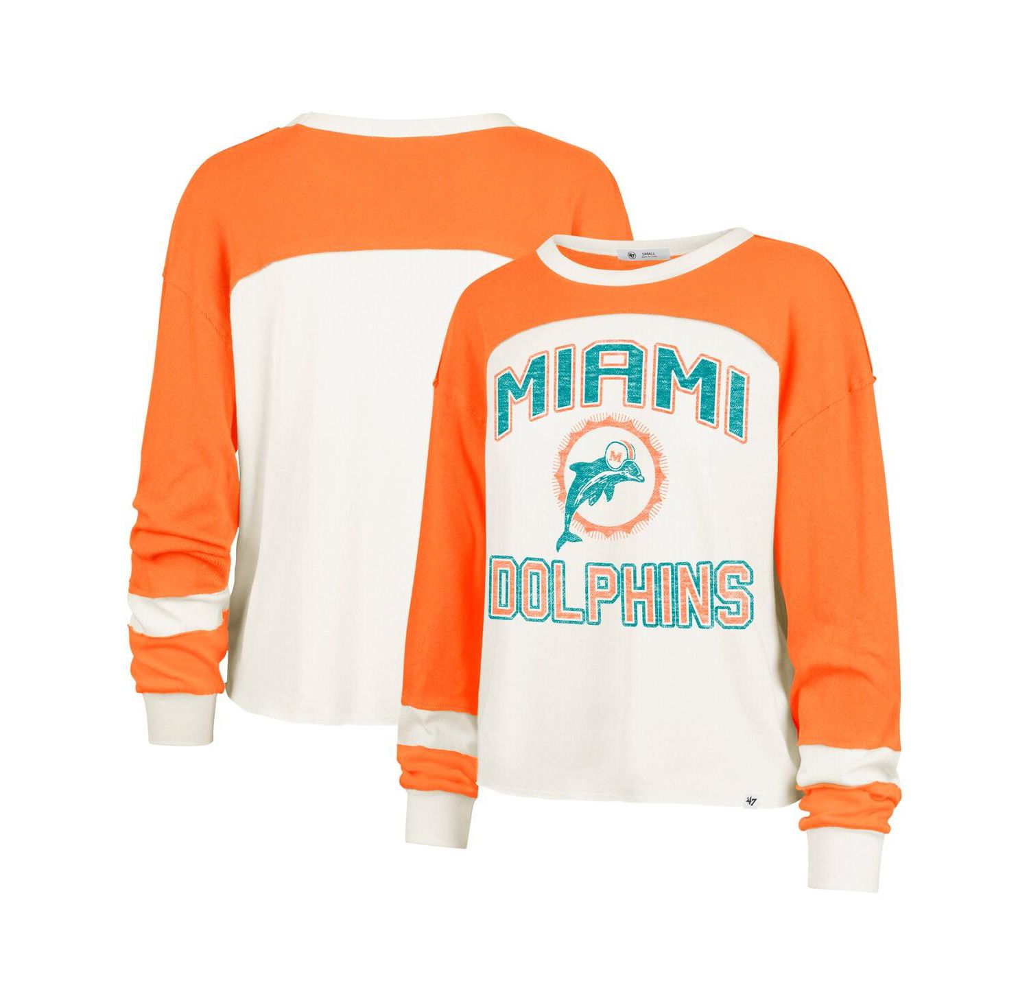 Women's Cream Miami Dolphins Double Header Curve Raglan Long Sleeve Crop Top
