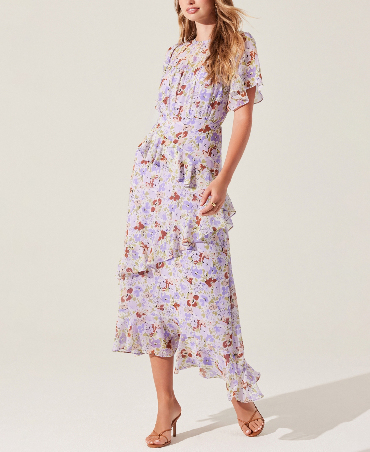 Astr The Label Floramae Floral Ruffle Detail Short Sleeve Midi Dress In Lavender Floral