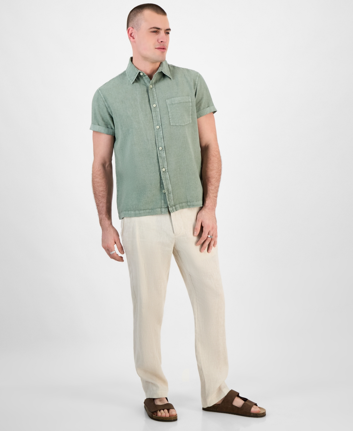 Sun + Stone Men's Blake Linen Chambray Short Sleeve Button-front Shirt, Created For Macy's In Vintage Sage