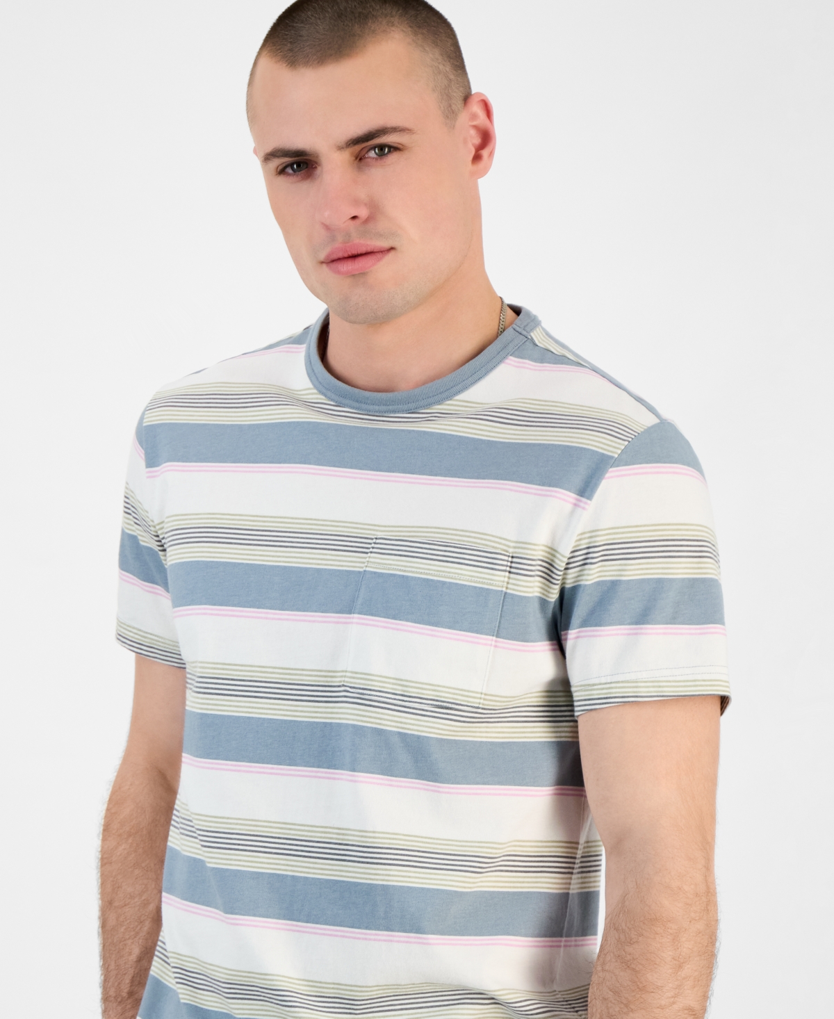 Shop Sun + Stone Men's Regular-fit Stripe Pocket T-shirt, Exclusively At Macy's In Silver Blue