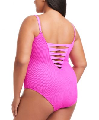 Plus Size Pucker Up Lace-Down Over-The-Shoulder Swimsuit
