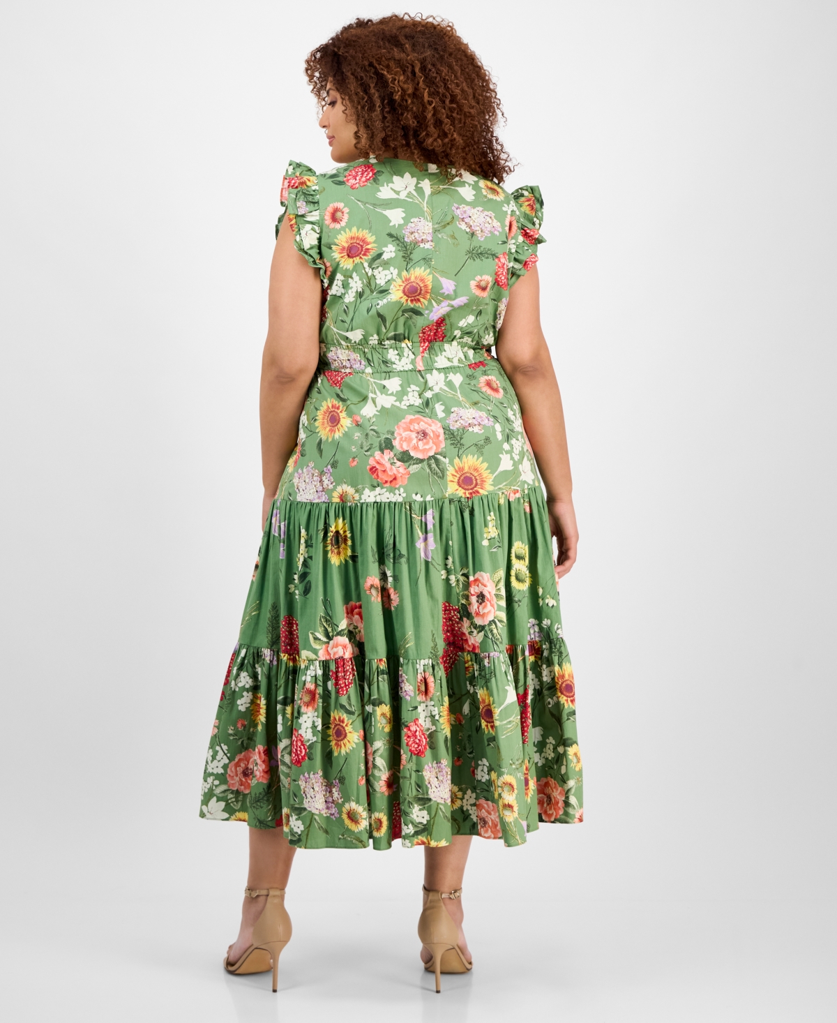 Anne Klein Printed Poplin Drawstring Maxi Dress In Green