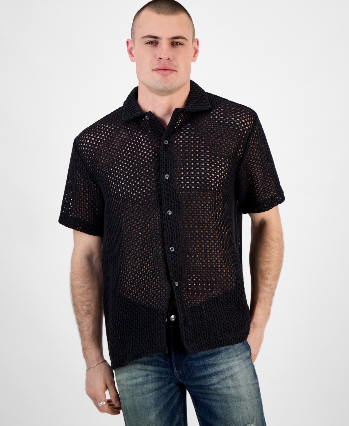 Men's Relaxed-Fit Open Mesh-Knit Button-Down Shirt - Jet Black