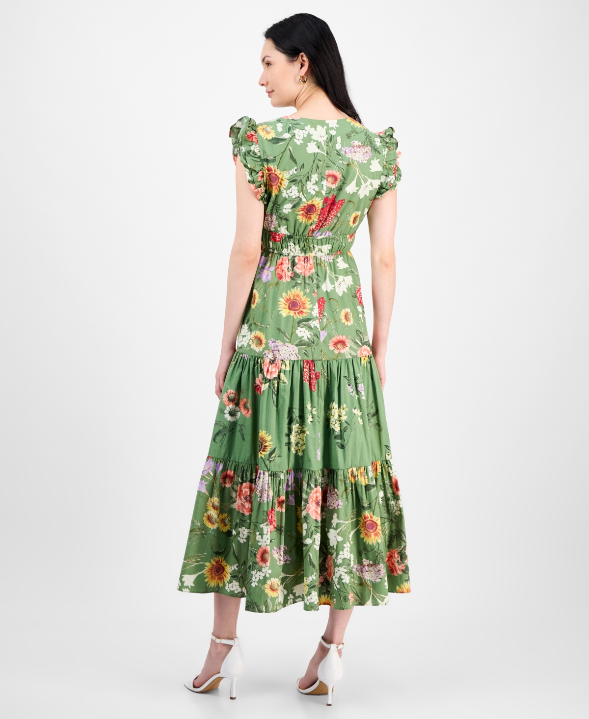 Anne Klein Printed Poplin Drawstring Maxi Dress In Green