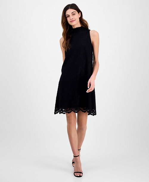 alfani Anne Klein Women's High-Ruffle-Neck Sleeveless Lace Dress Women's Fashion Shoes & Accessories