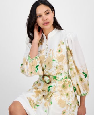 Tahari Women's Mandarin-Collar Belted Long-Sleeve Dress - Macy's