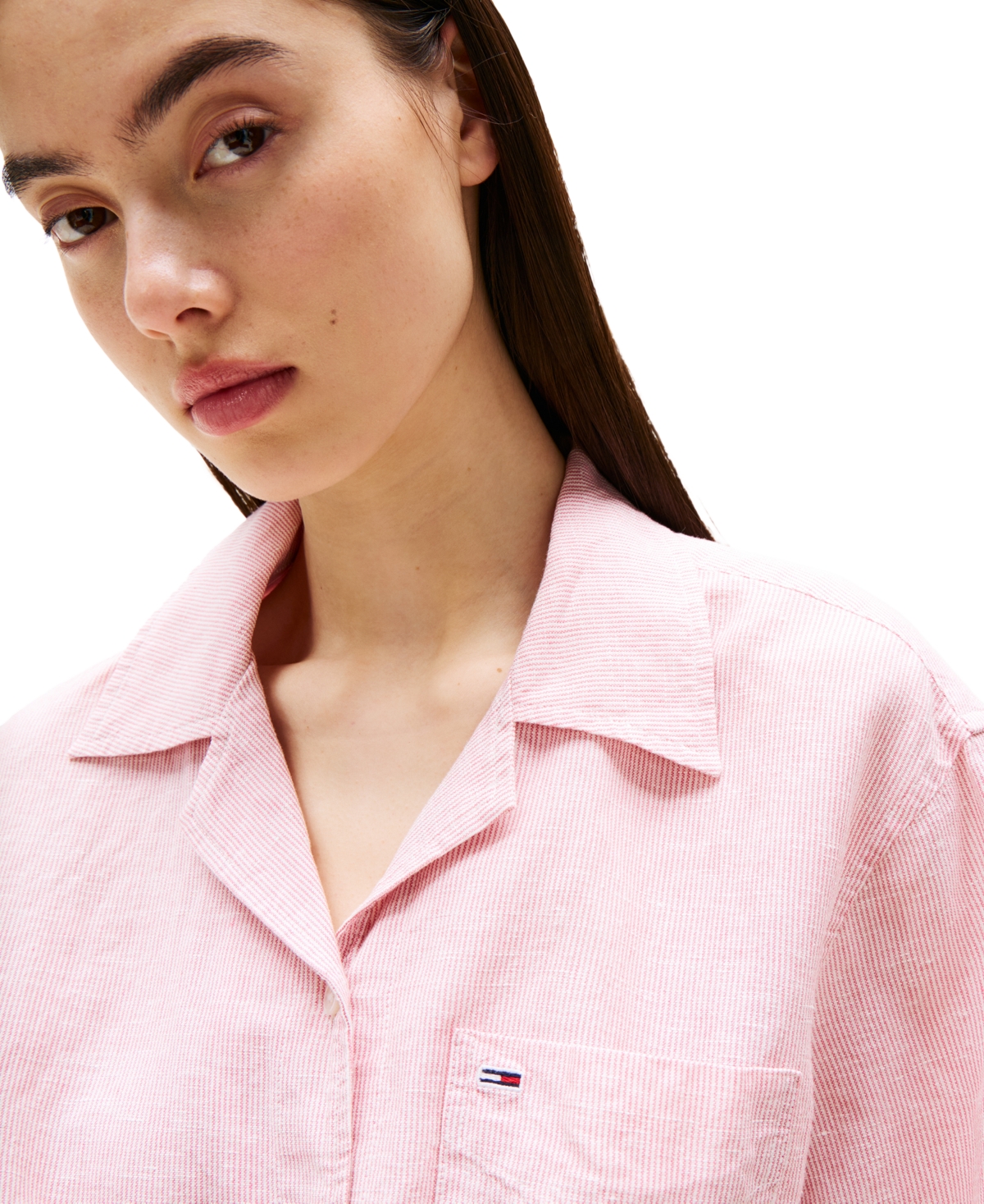 Tommy Jeans Womens Cotton Linen Short Sleeve Shirt Cotton Linen Drawstring Shorts In Precious Pink,stripe