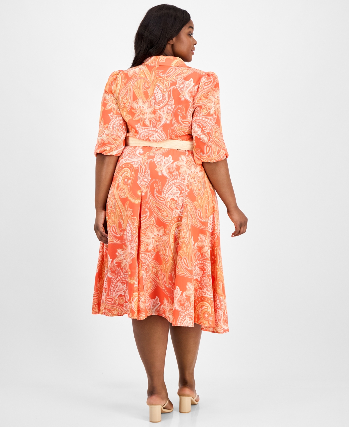 Tahari Asl Plus Size Printed Belted Midi Shirtdress In Coral Paisley