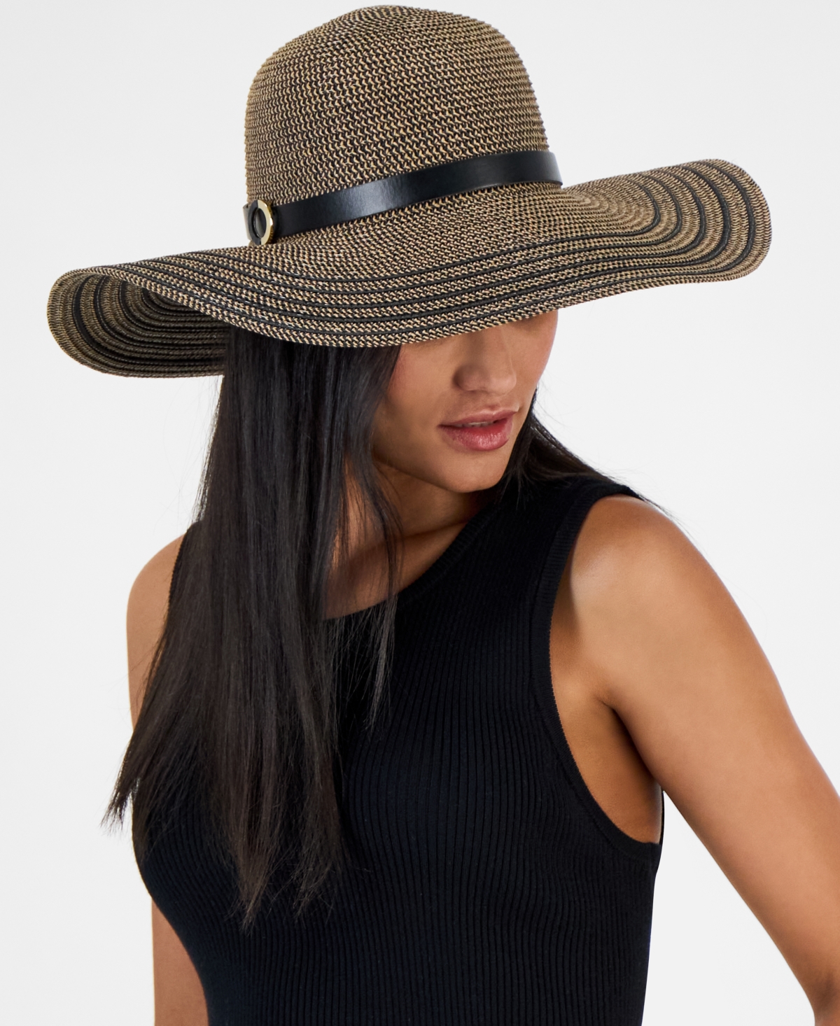 Stripe-Brim Floppy Hat with Contrast Band, Exclusively at Macy's - Natural Black