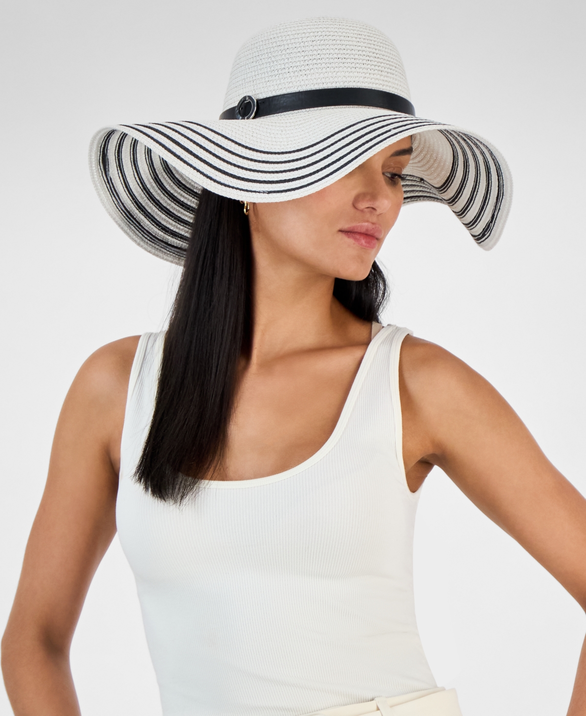 Stripe-Brim Floppy Hat with Contrast Band, Exclusively at Macy's - Natural Black