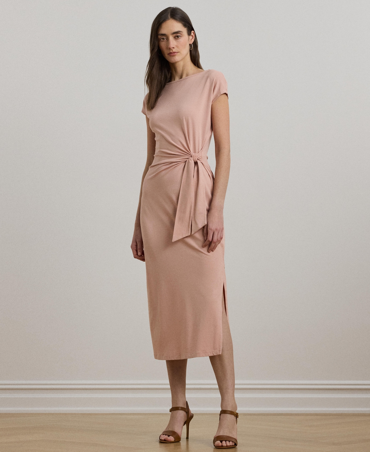 Shop Ralph Lauren Women's Tie-front Jersey Boatneck Midi Dress In Sunrise Blush