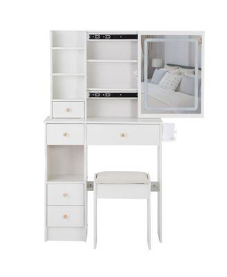 50.40"Small Size Left Drawer Desktop Vanity Table + Cushioned Stool, 2 AC+2 USB Power Station, Hair dryer bracket,White