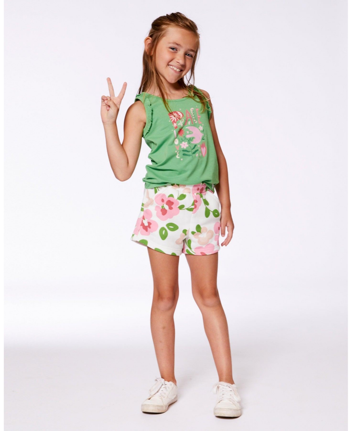 Deux par Deux Toddler Girls Printed French Terry Short Pink Flowers On White Background - Toddler|Child