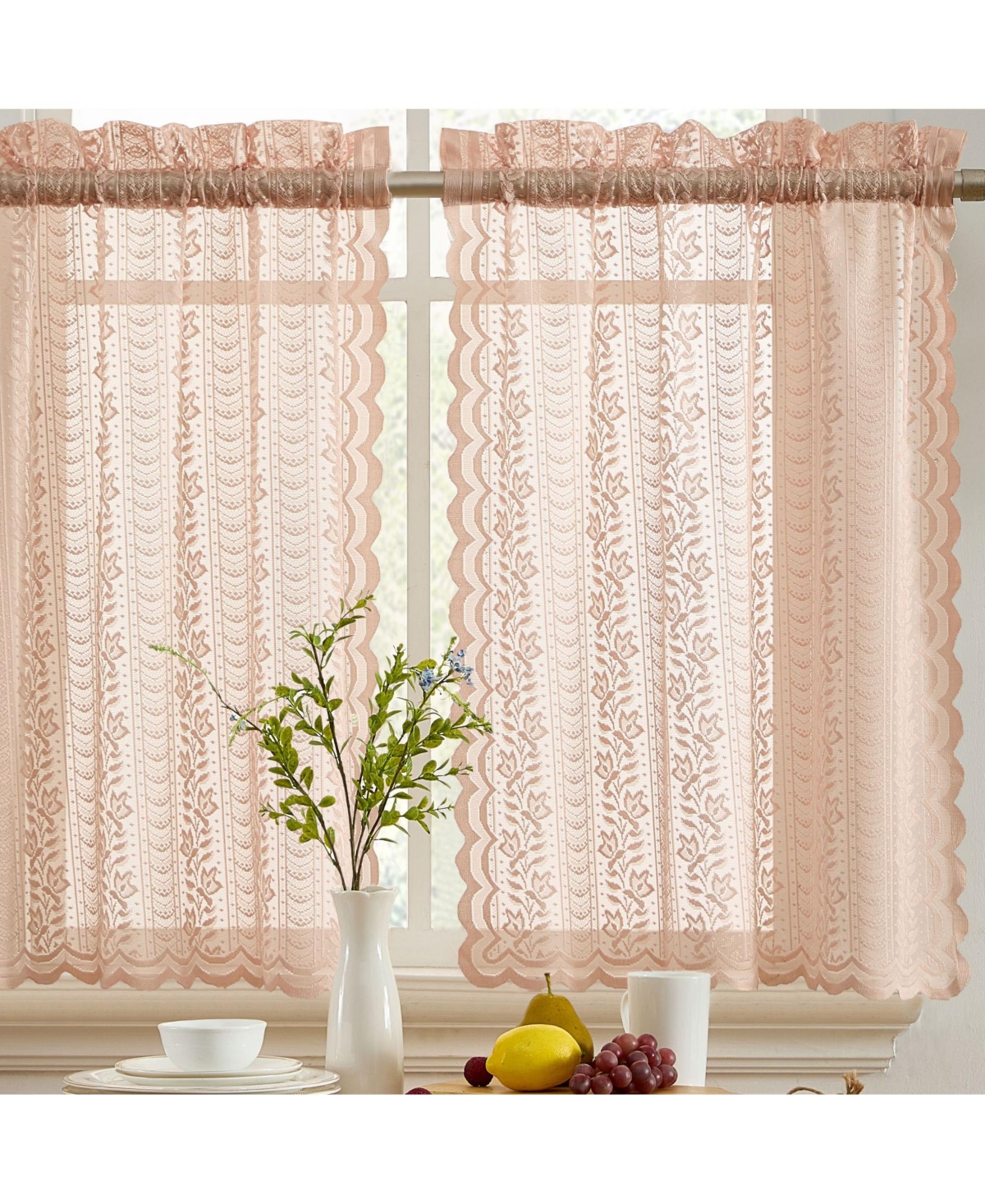 Sophia Floral Rod Pocket Lace Semi Sheer Voile Short Cafe Tiers for Small Windows - 28 x 36 Inch Length (Blush Pink Tiers, Set of 2) - Blush pi