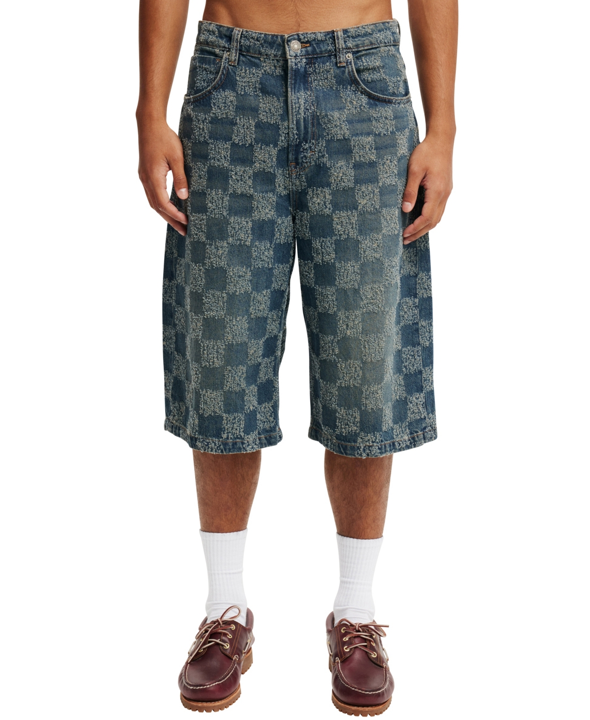 Shop Cotton On Men's Super Baggy Jort Shorts In Check Up Blue