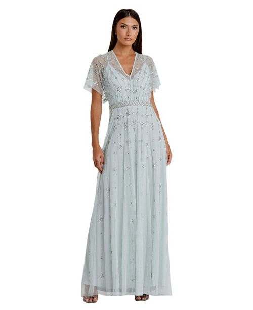 alfani Mac Duggal Women's V-Neck Embellished Flutter Sleeve A Line Gown Women's Fashion Shoes & Accessories
