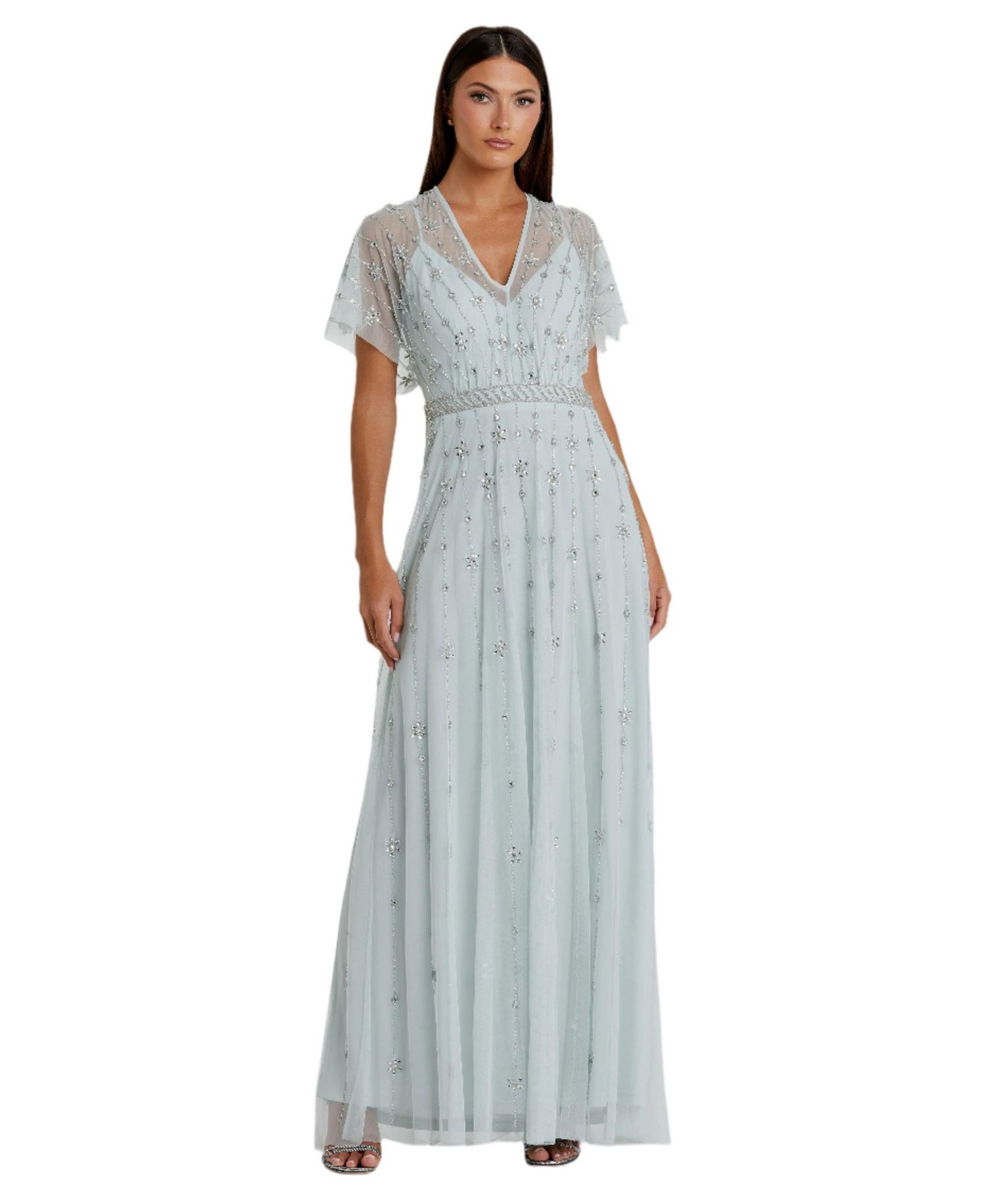 Women's V-Neck Embellished Flutter Sleeve A Line Gown