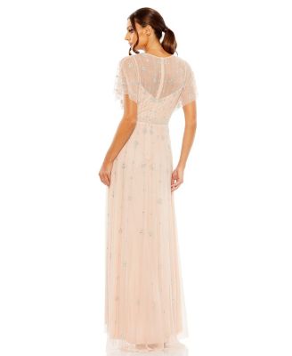 Women's V-Neck Embellished Flutter Sleeve A Line Gown