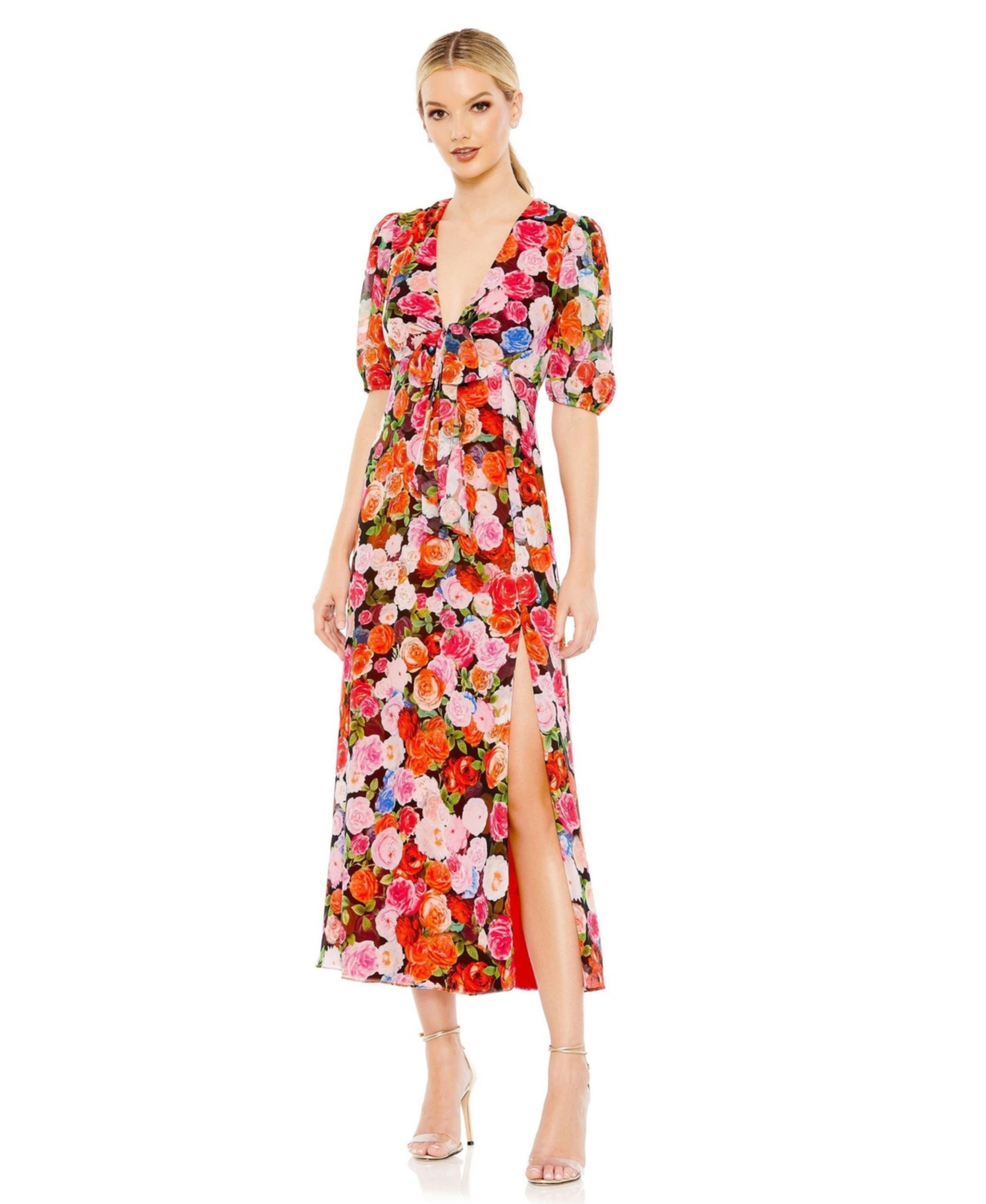 Women's Floral Print Front Tie Puff Sleeve Flowy Midi Dress - Rose multi