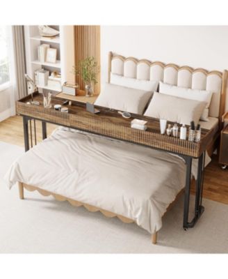 Overbed Table with Wheels, Mobile Computer Desk Makeup Vanity Desk with Storage, Standing Laptop Cart, Over Bed Makeup Table with Mirror, Vanity Desk for Bedroom, Rustic Brown