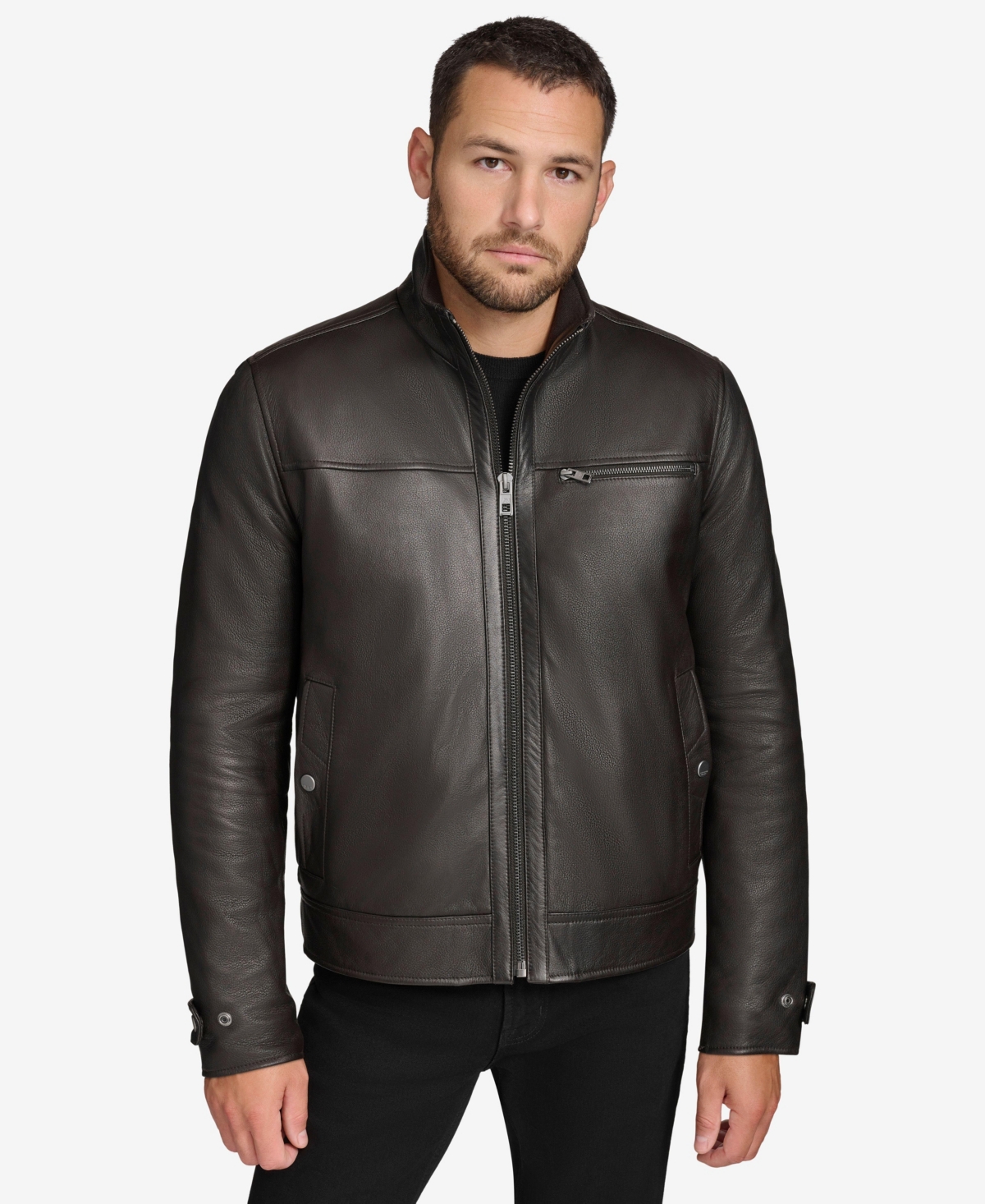 Men's Skeld Leather Jacket with Removable Faux Rabbit Lined Interior - Black