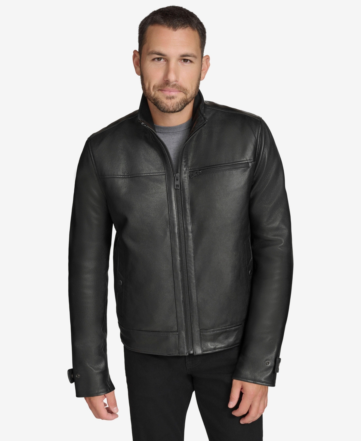 Men's Skeld Leather Jacket with Removable Faux Rabbit Lined Interior - Black