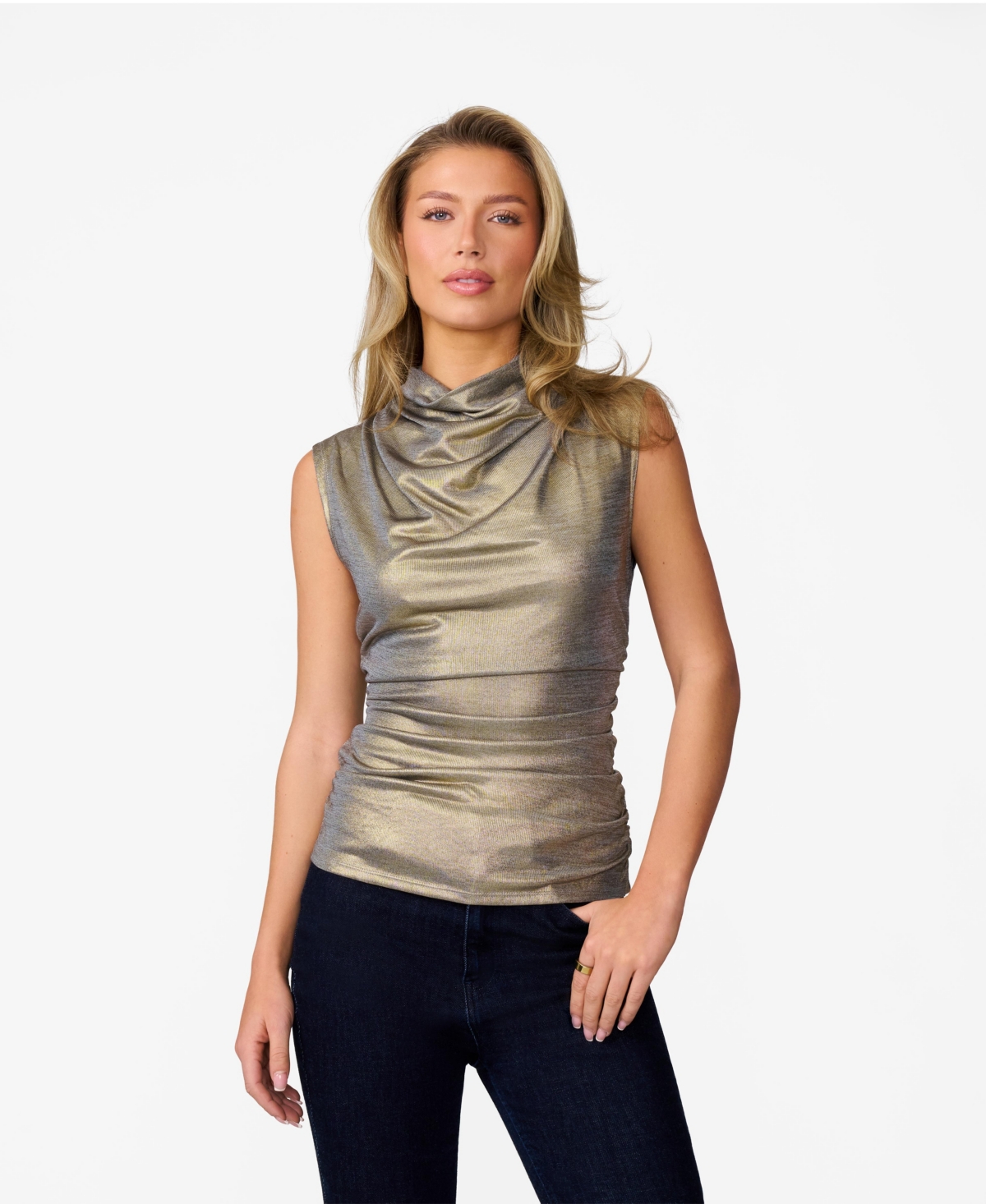 Women's Metallic Jersey Cowl Neck Top - Gold
