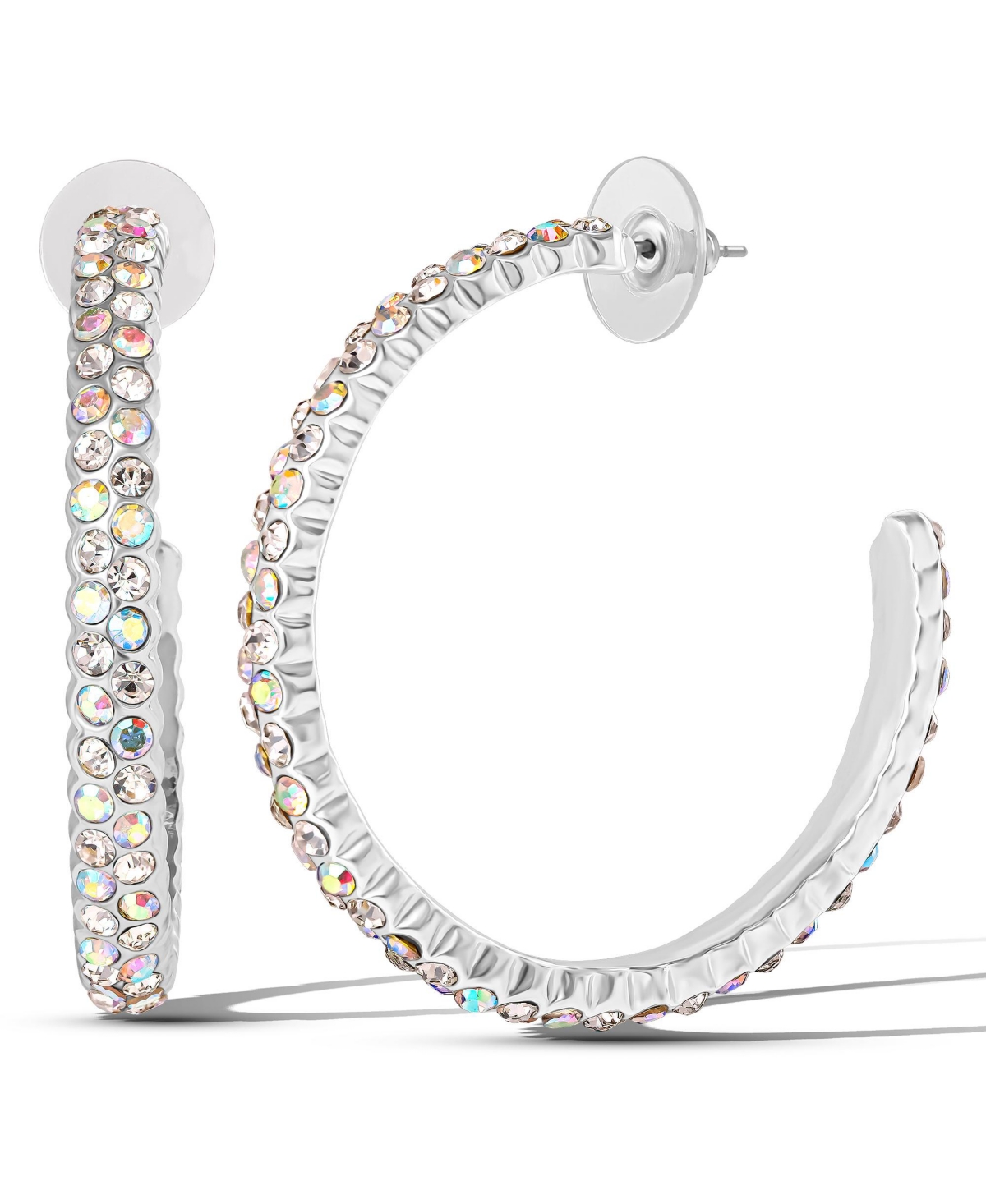 Crystal-Embellished Silver-Tone Hoop Earrings &#x2013; Glamorous Statement Hoops - Silver tone