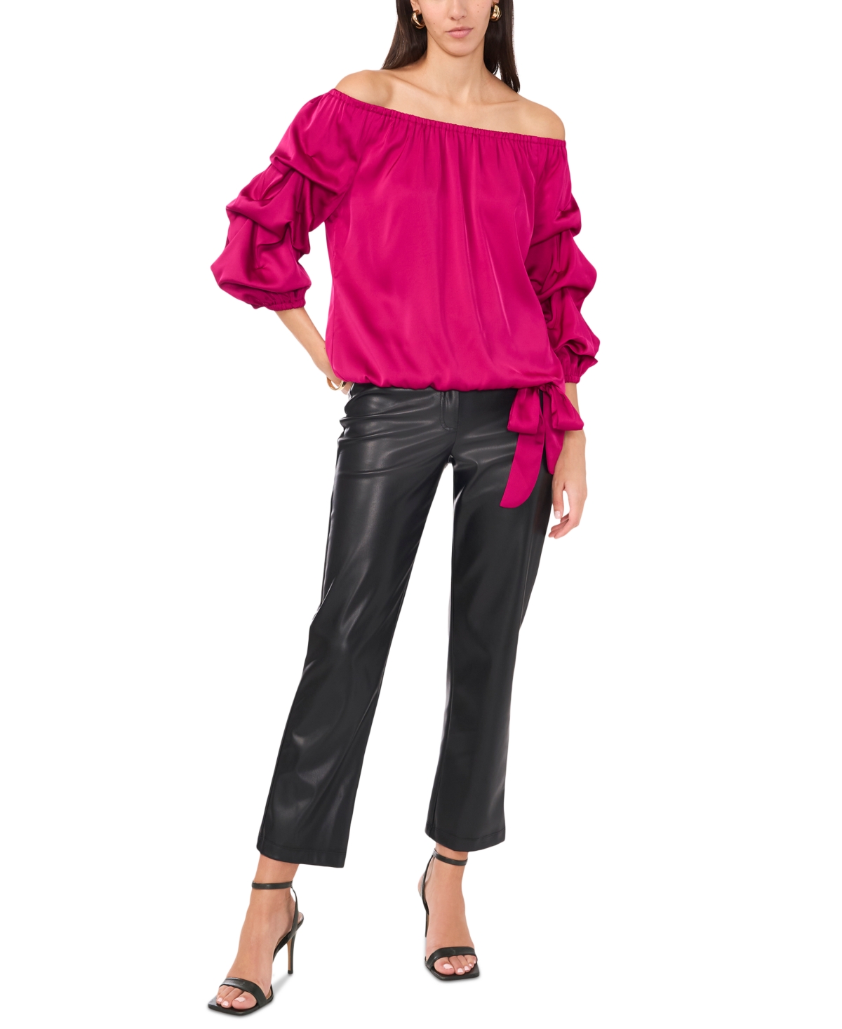 Vince Camuto Off The Shoulder Bubble Sleeve Satin Top In Fircely Fuchsia
