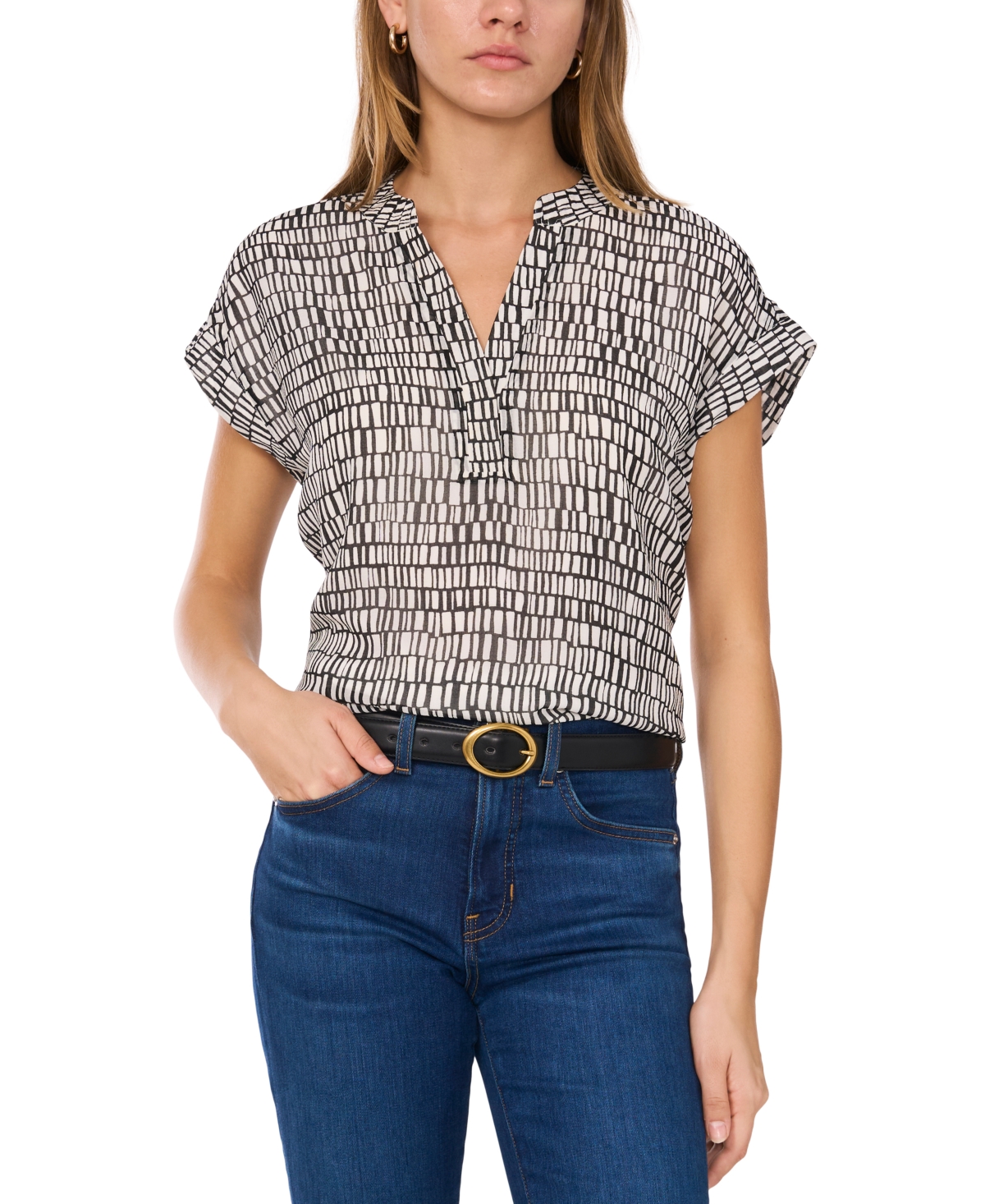 VINCE CAMUTO WOMEN'S PRINTED V-NECK CAP-SLEEVE TOP 