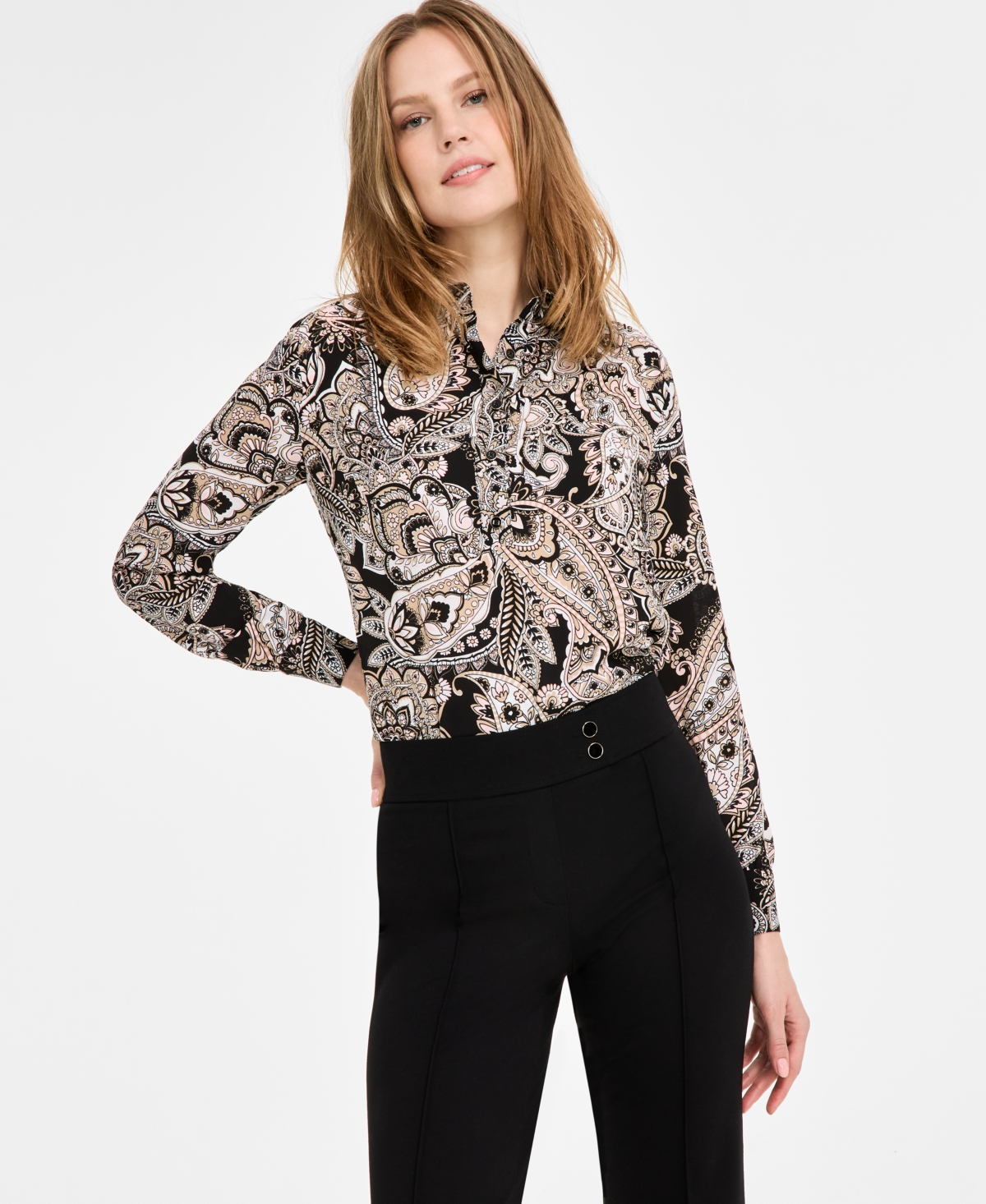 JONES NEW YORK WOMEN'S PAISLEY-PRINT SIDE-BUTTON TUNIC TOP 
