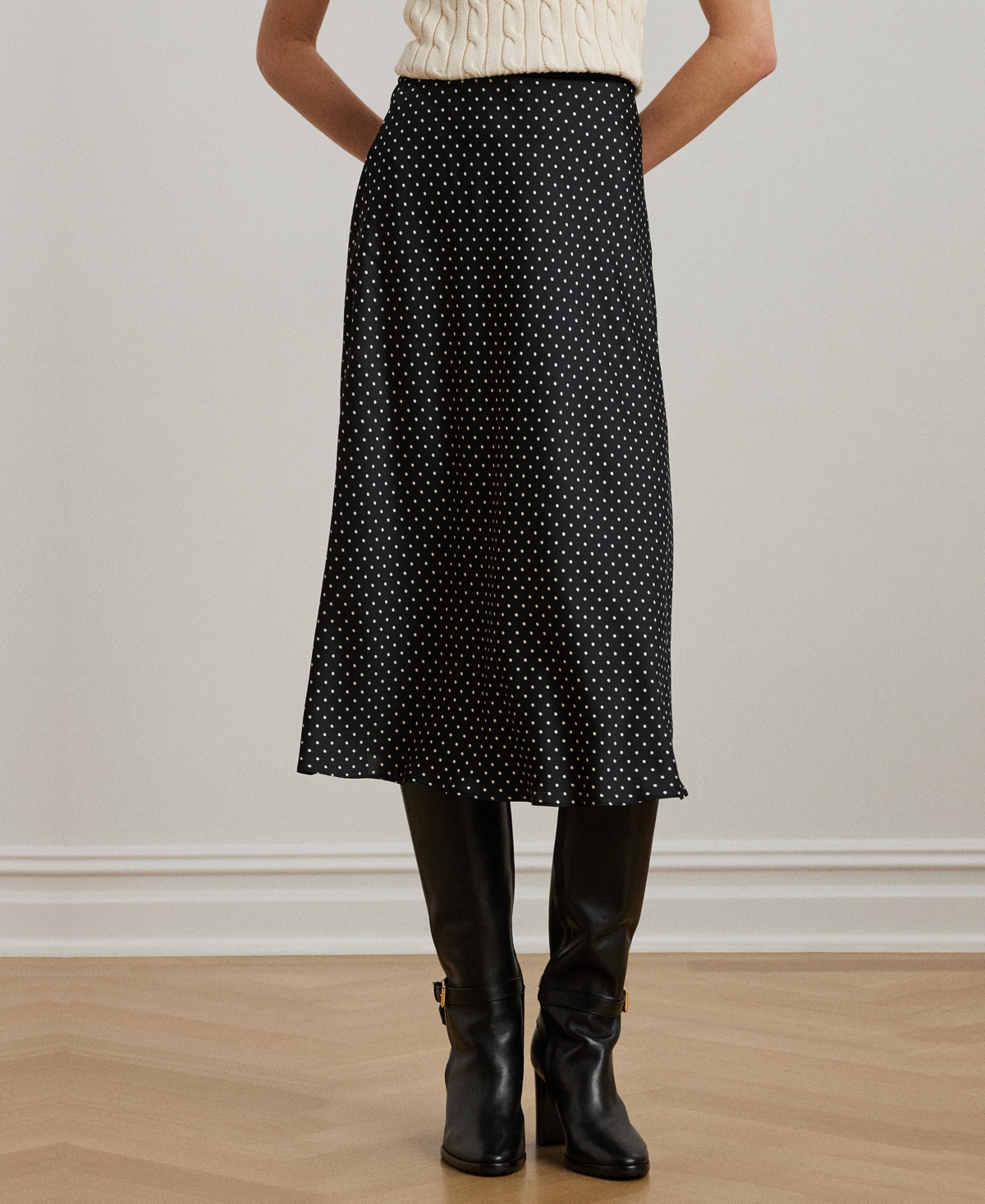 RALPH LAUREN WOMEN'S POLKA-DOT SATIN CHARMEUSE MIDI SKIRT 