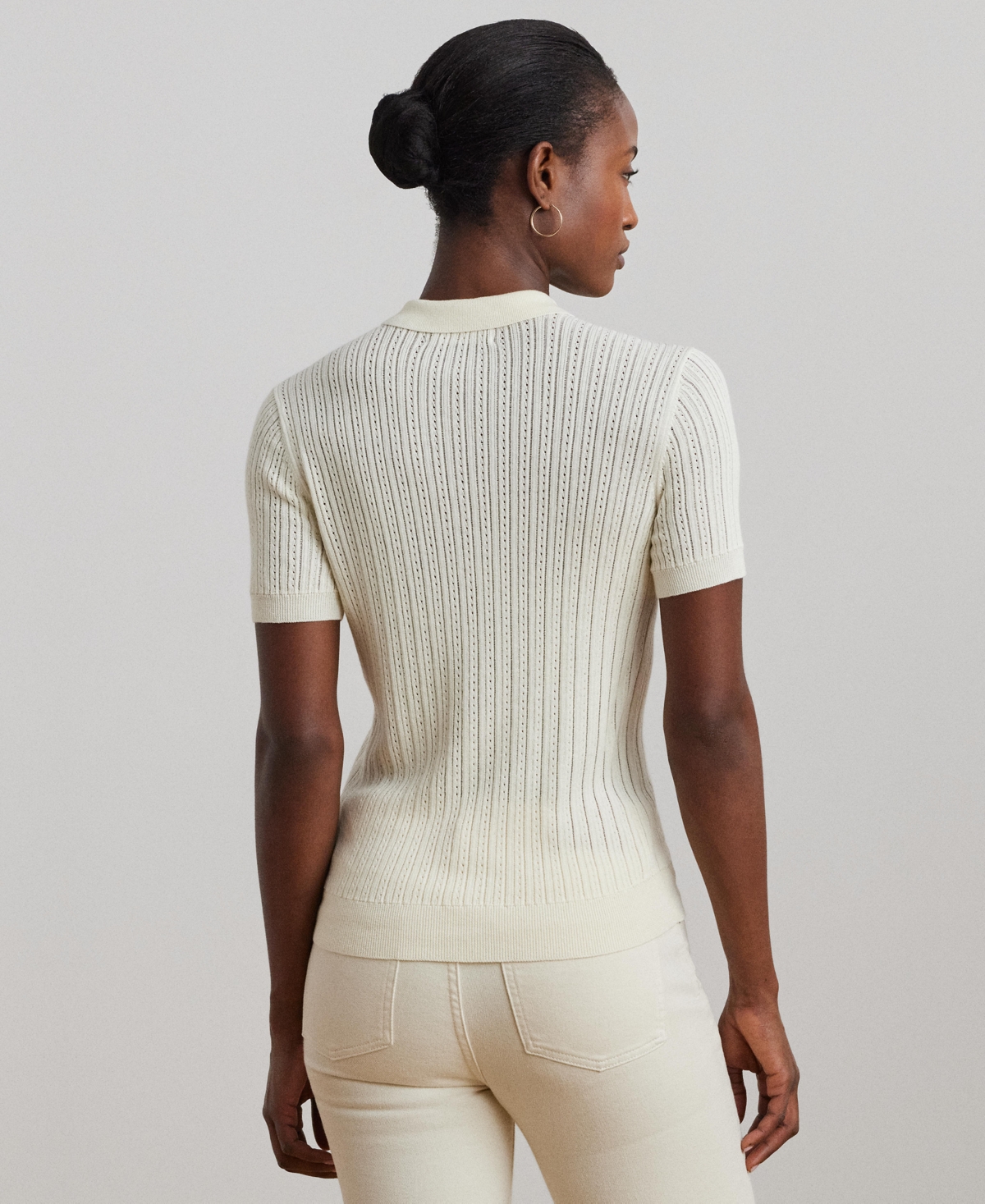 Ralph Lauren Women's Pointelle-knit Cotton-blend Polo Sweater In Mascarpone Cream