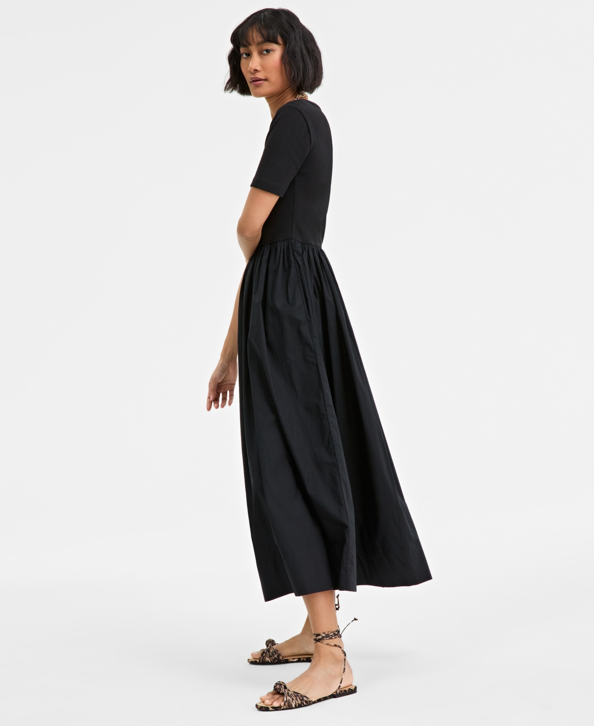 On 34th Trendy Plus Size Scoop-neck Mixed-media Midi Dress, Exclusively At Macy's In Deep Black