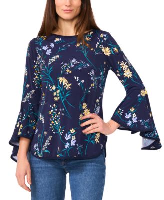 Women's Printed Crewneck 3/4-Bell-Sleeve Blouse