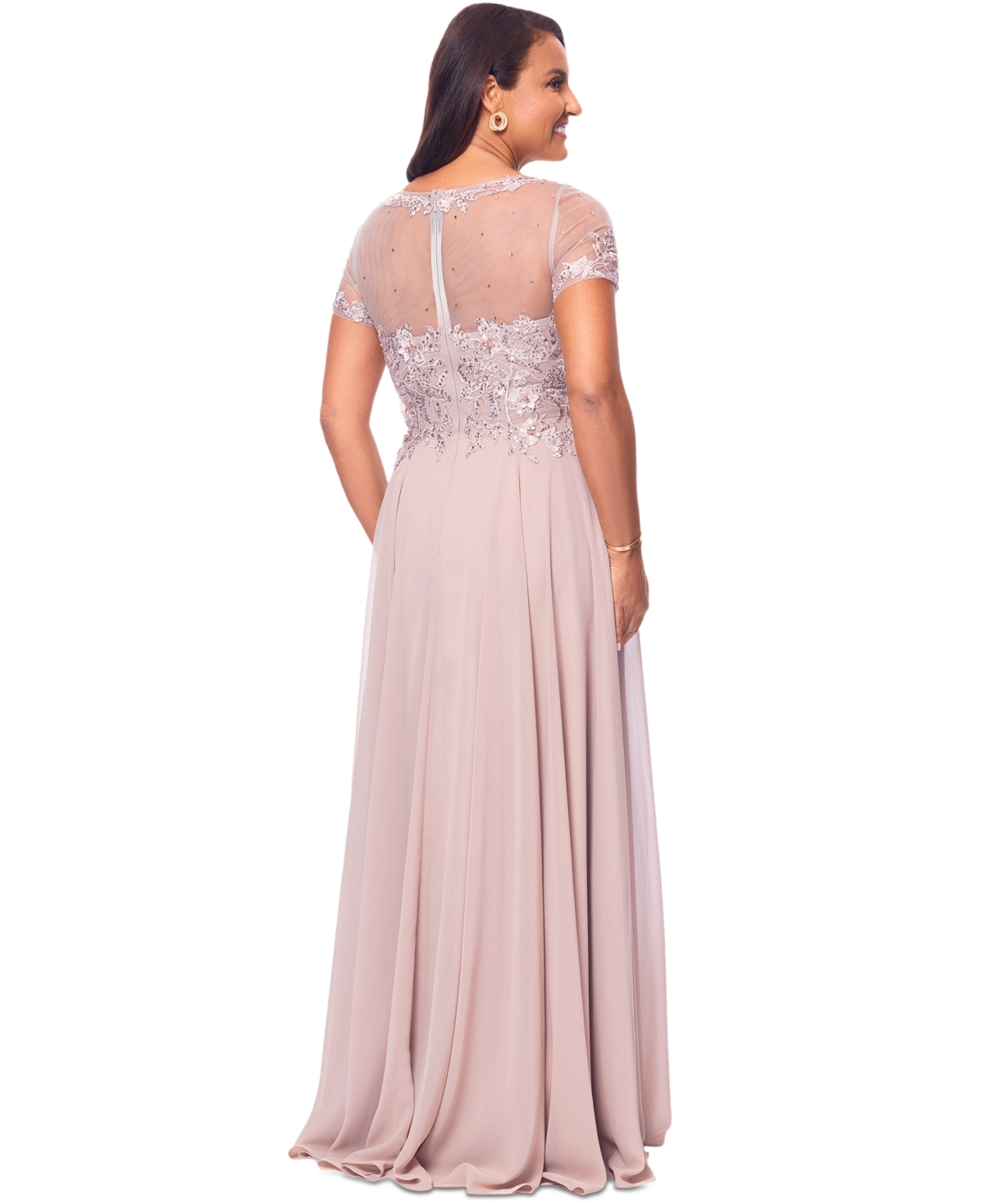 XSCAPE PETITE EMBELLISHED ILLUSION-BODICE GOWN 