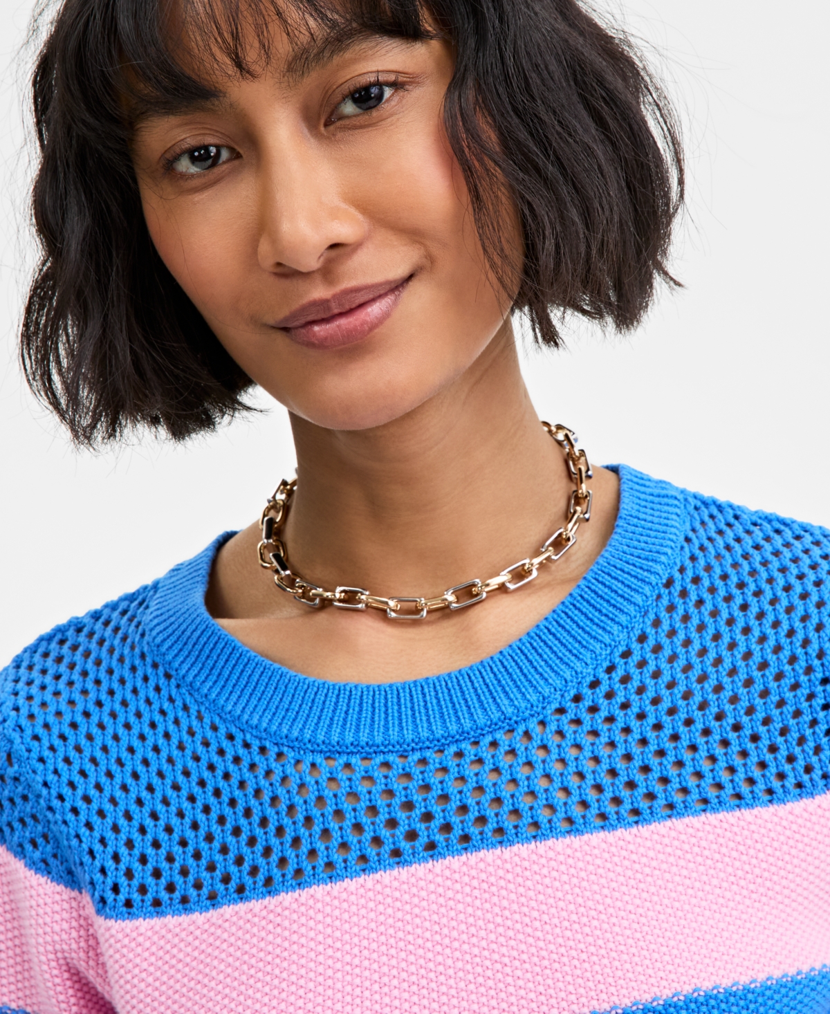 On 34th Women's Cotton Striped Perforated-stitch Sweater, Exclusively At Macy's In Beach Blue Combo