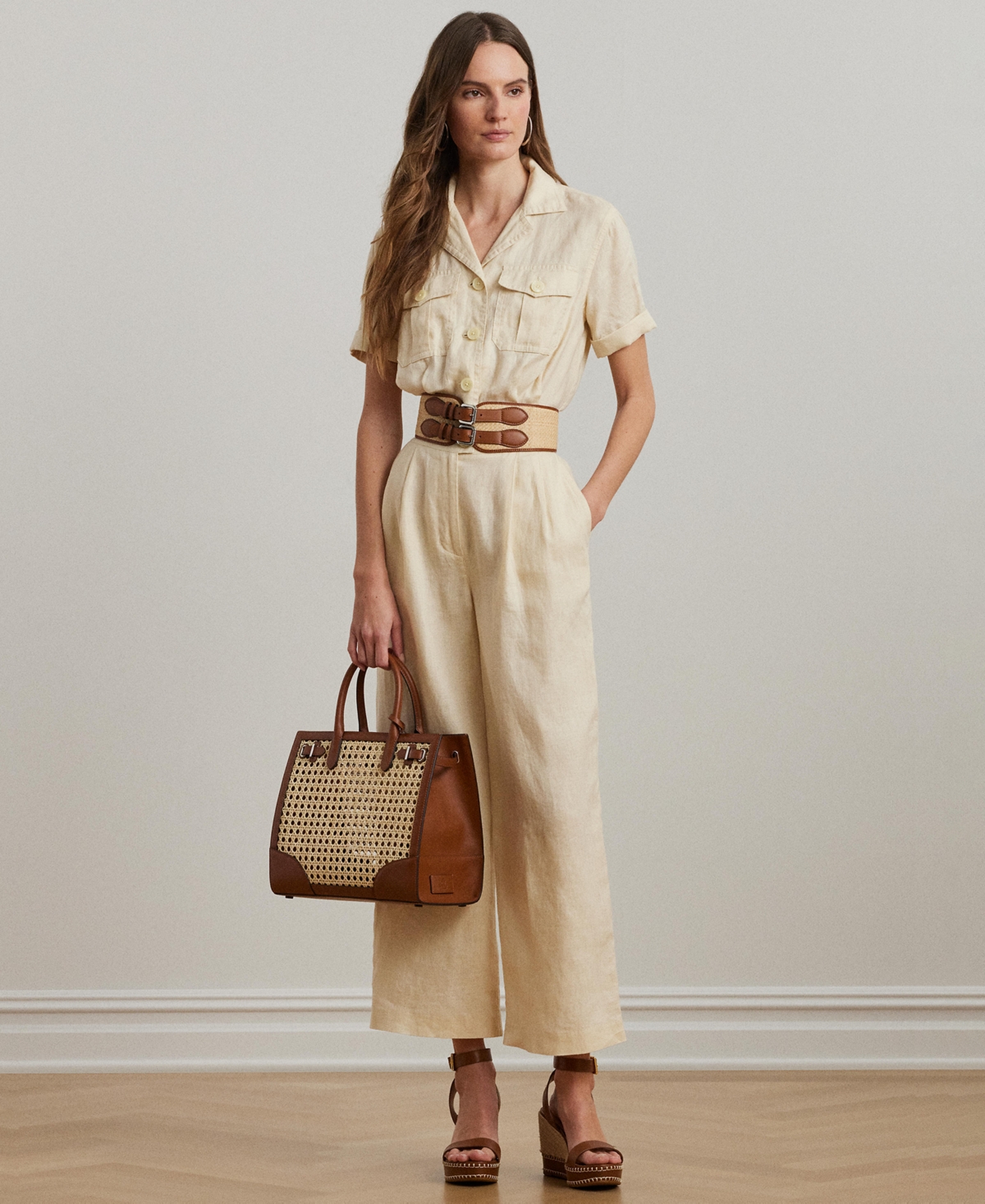 Women's Embroidered Linen Short-Sleeve Jumpsuit, Regular & Petite - Ivory Beige