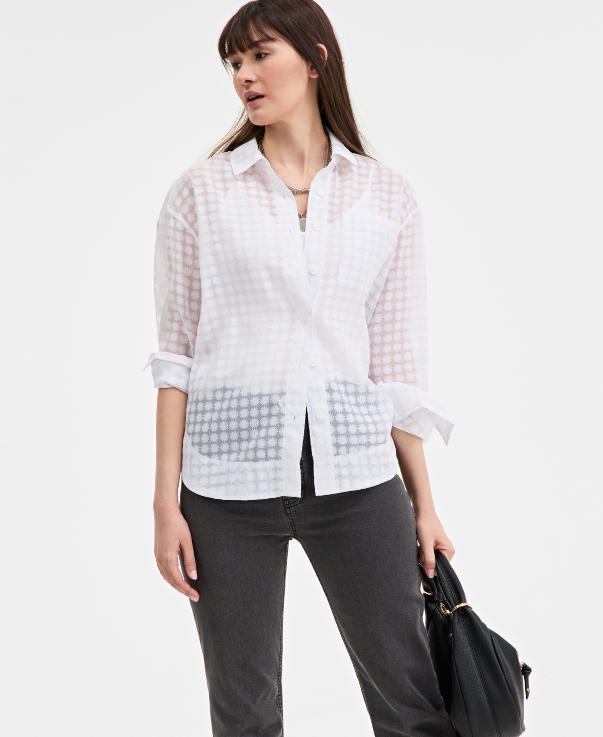 On 34th Women's Floral-burnout Relaxed Blouse, Exclusively At Macy's In Bright White