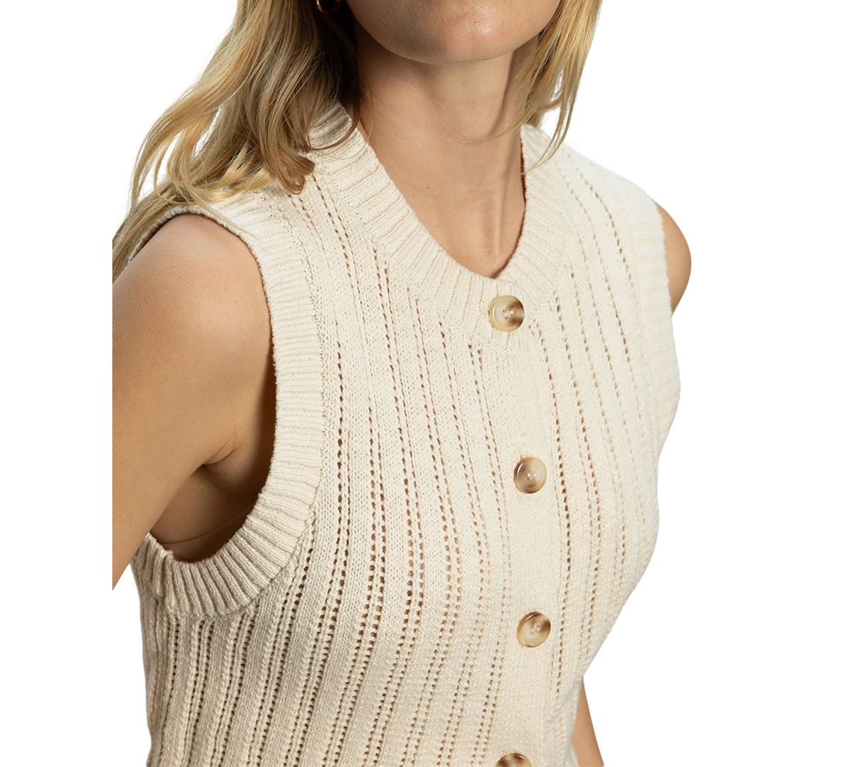 Sanctuary Pointelle Stitch Cotton Button-up Sweater Vest In Eco Natural