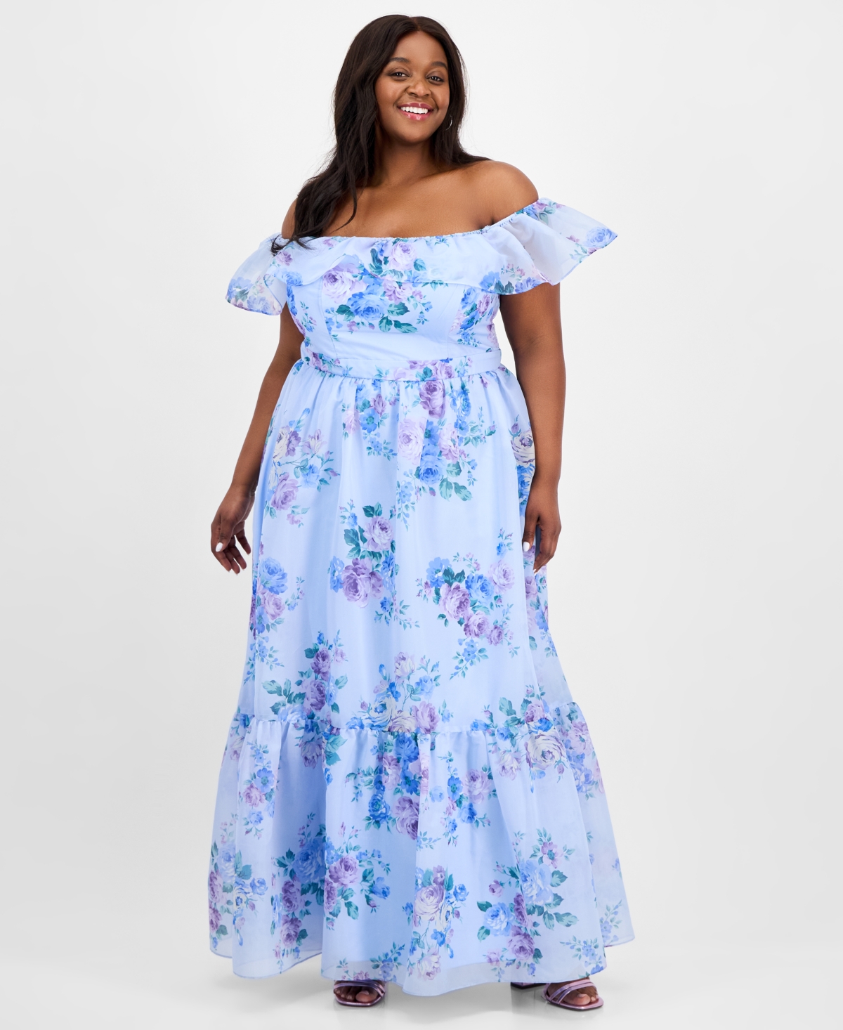 Trendy Plus Size Off-The-Shoulder Floral-Print Gown - Blue