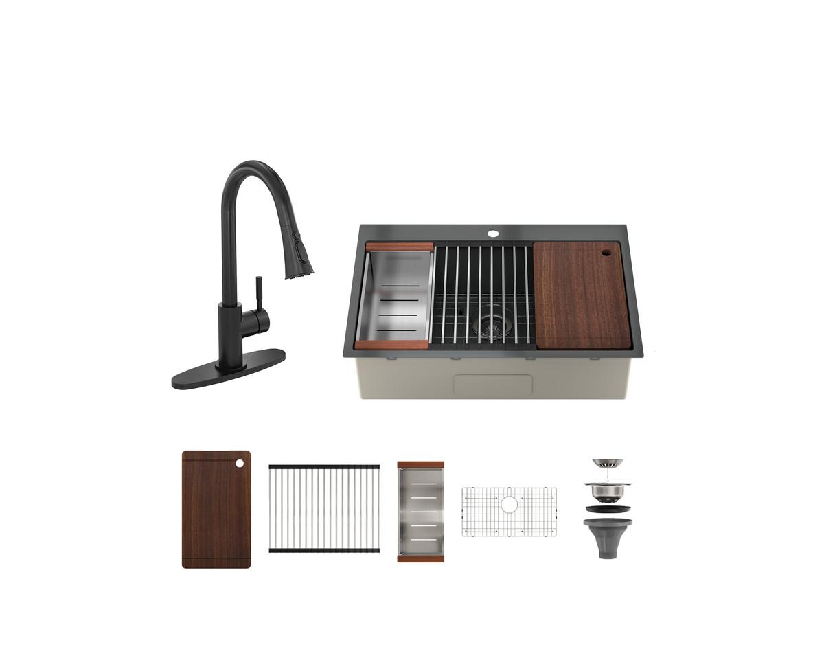 33" L x 22" W Drop-in Stainless Steel Kitchen Sink with Faucet Included - Stainless steel