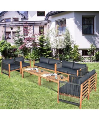 8 PCS Acacia Wood Patio Conversation Set w/Cushions for Garden
