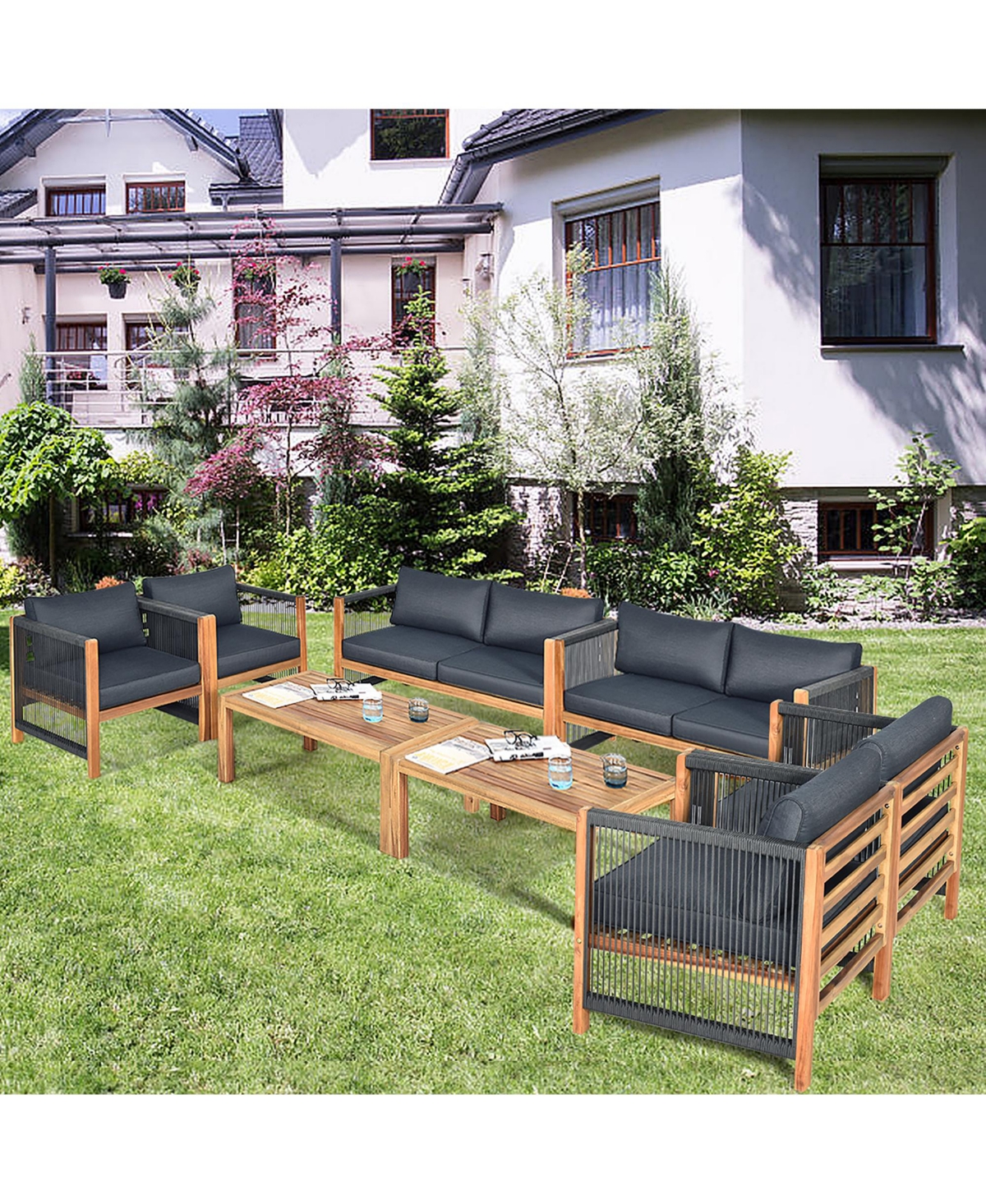 8 Pcs Acacia Wood Patio Conversation Set w/Cushions for Garden
