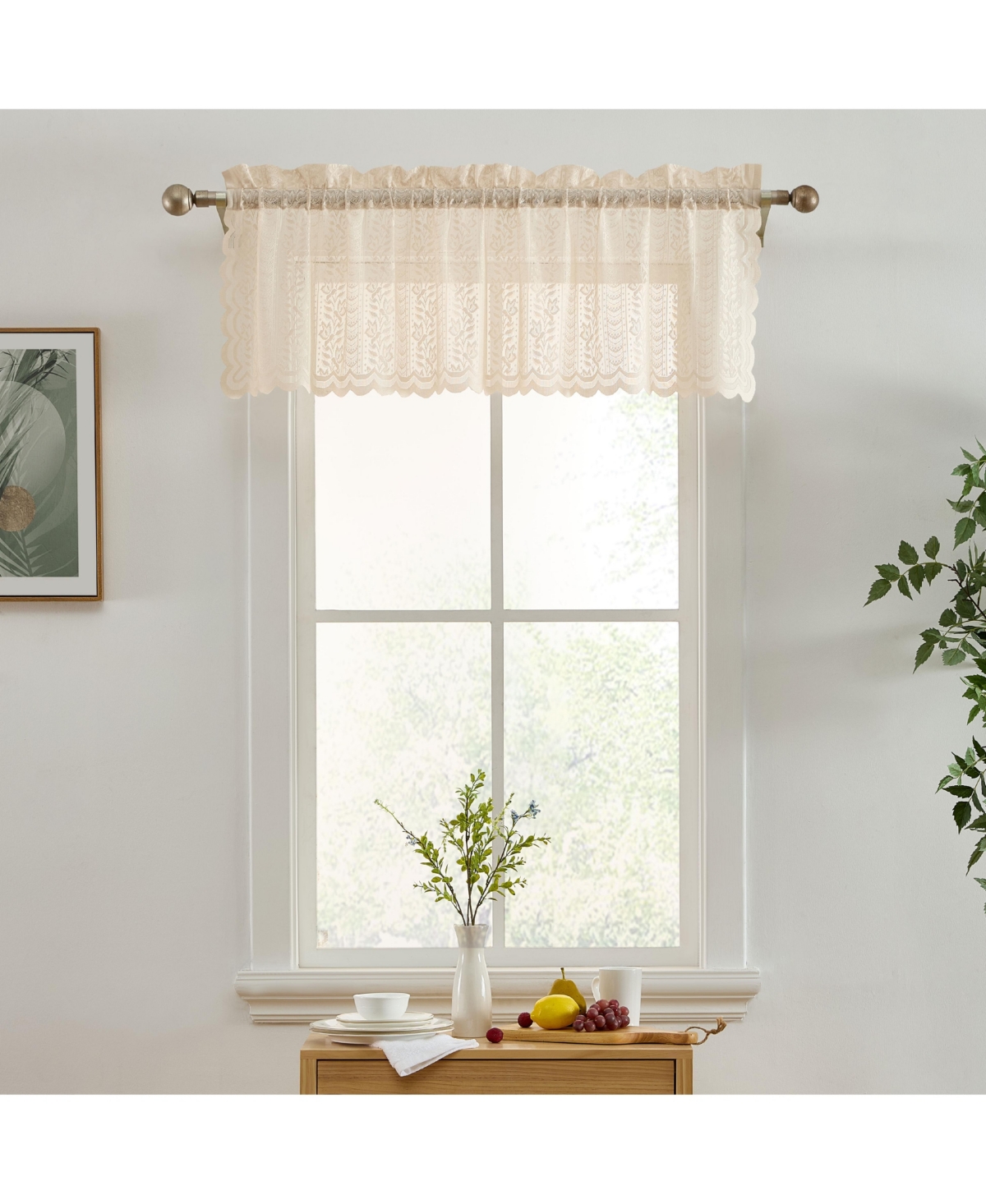 Sophia Floral Rod Pocket Lace Semi Sheer Voile Short Valance for Small Windows, Kitchen & Bathroom - 54 x 18 Inch Length (Taupe Valance) - Taup