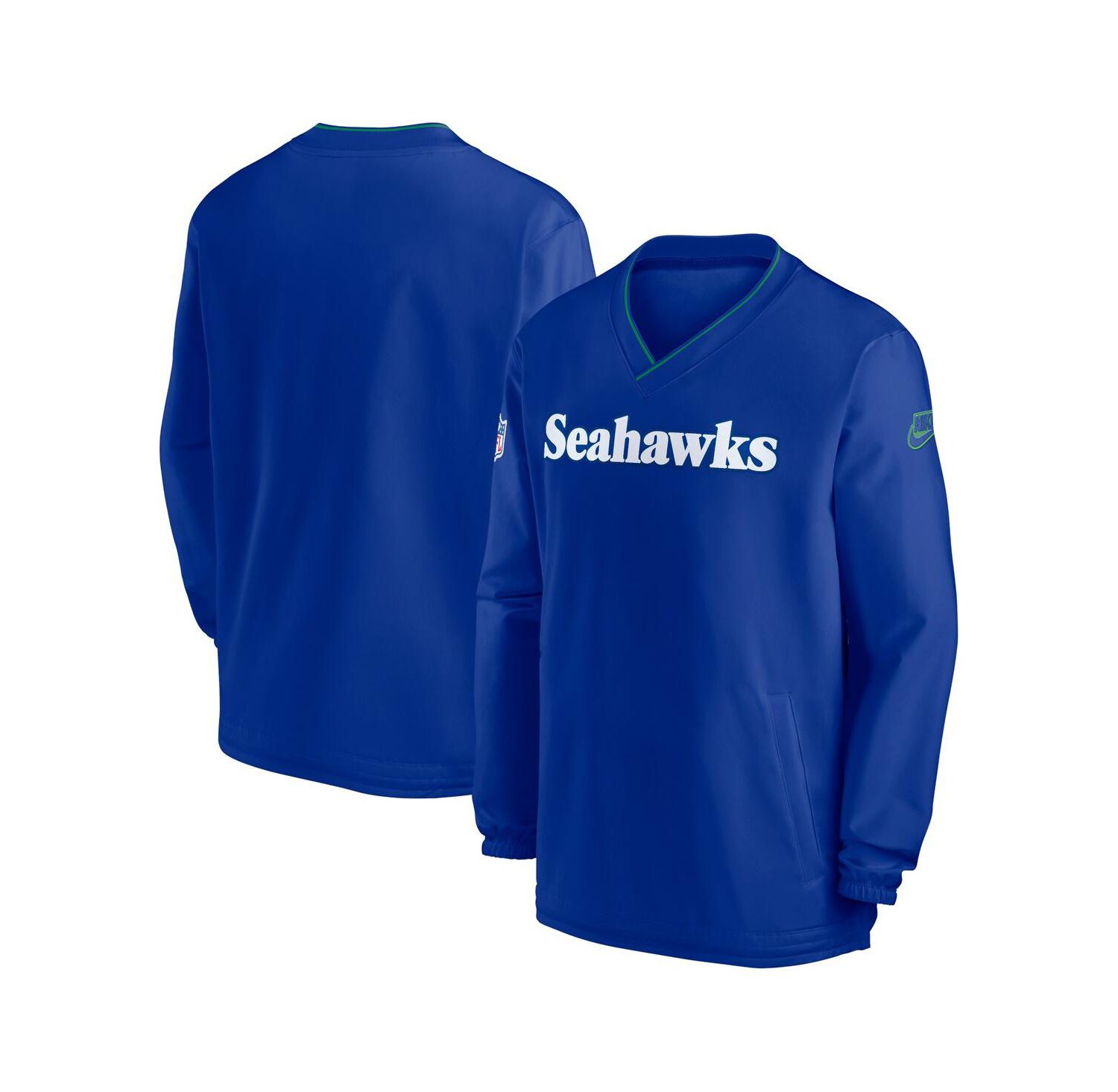 Men's Royal Seattle Seahawks 2024 Sideline Throwback Logo Long-Sleeve V-Neck Windshirt