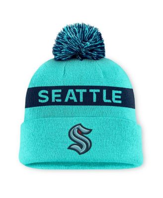 Fanatics - Women's Light Blue/Navy Seattle Kraken Authentic Pro Rink Cuffed Knit Hat with Pom